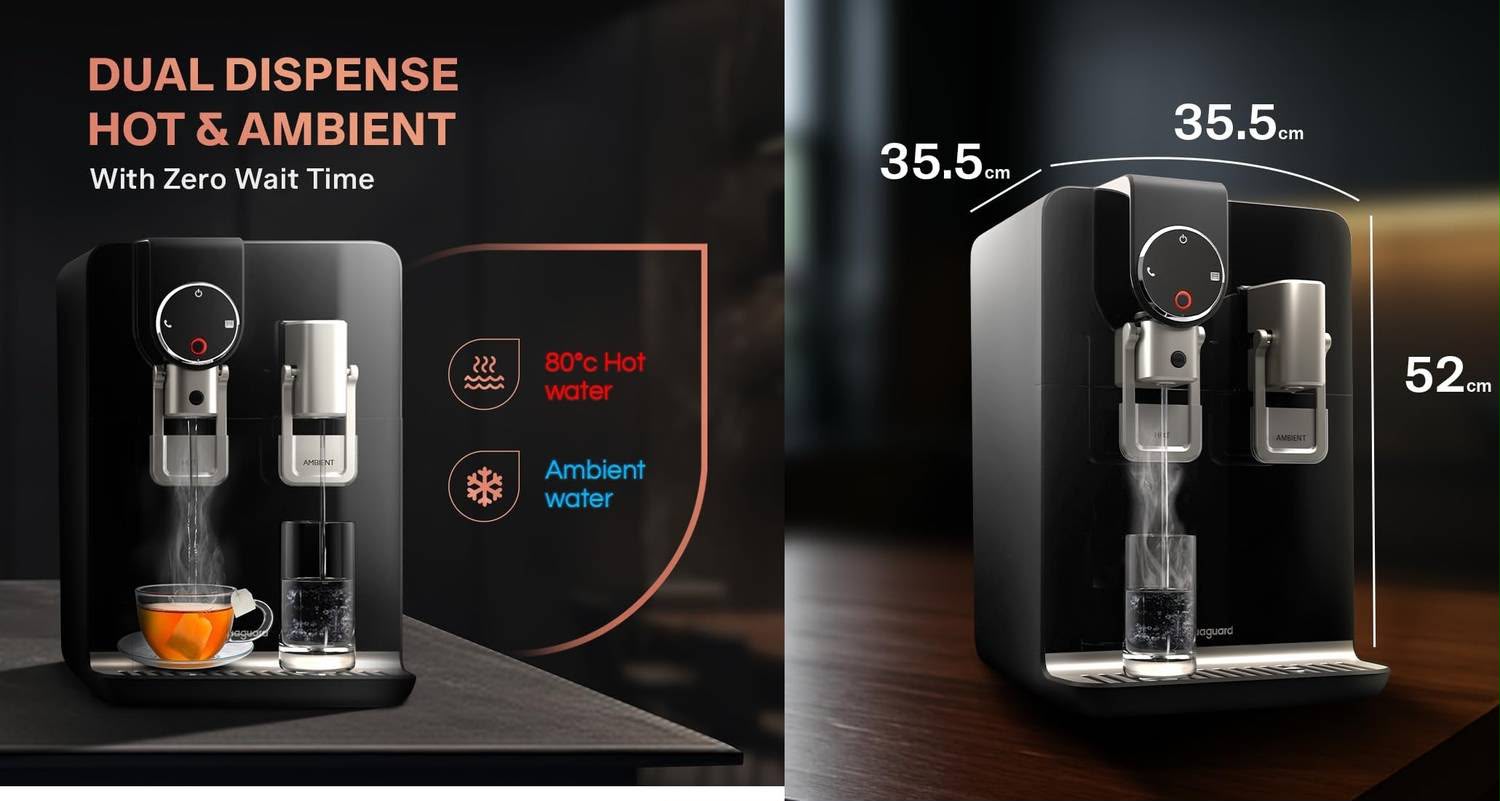 Aquaguard Aspire Blaze — Dual dispense hot & ambient water, compact 35.5 x 52 cm design